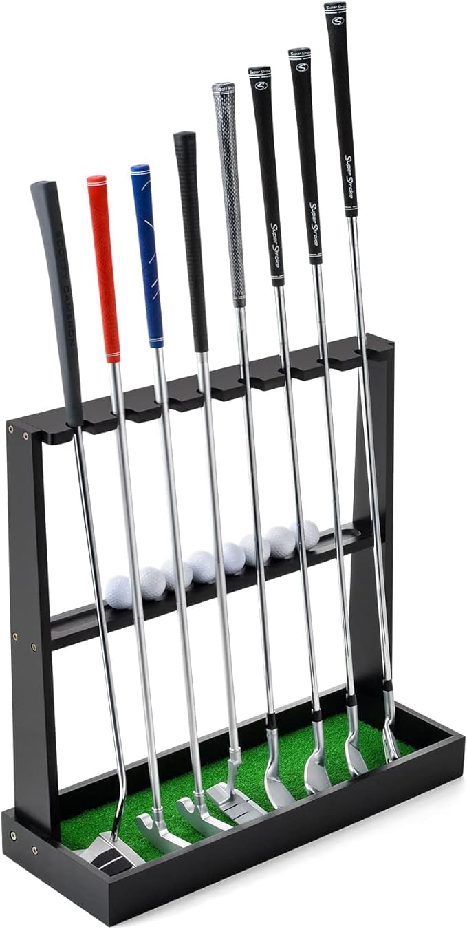 XCSOURCE Wooden Golf Putter Stand, Golf Club Holder Stand Floor Display Rack, Golf Club Rack for 8 Clubs and 12 Balls Storage, Golf Club Organizer for Indoor Home Office Club Simulator