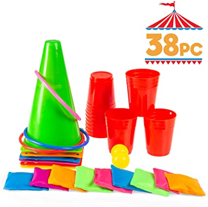 5 in 1 Kids Party Games Carnival Set - 38 Piece Ring Toss and Obstacle Course for Kids Including 6 Plastic Cones, 10 Tossing Rings, 10 Cornhole Bean Bags, 10 Stacking Cups & 2 Ping Pong Balls