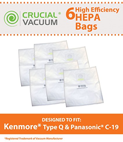 6 Kenmore Type Q HEPA Style Cloth Bags Designed To Fit Kenmore Type Q & Panasonic MC-V295H Type C-19; Designed & Engineered By Crucial Vacuum