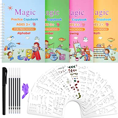 4 Pieces English Magic Practice Copybook Children Handwriting Magic Writing Paste Before School Kids Number Math Alphabet Drawing Magic Calligraphy with 12 Templates, Pens Set for Kids (Cute Style)