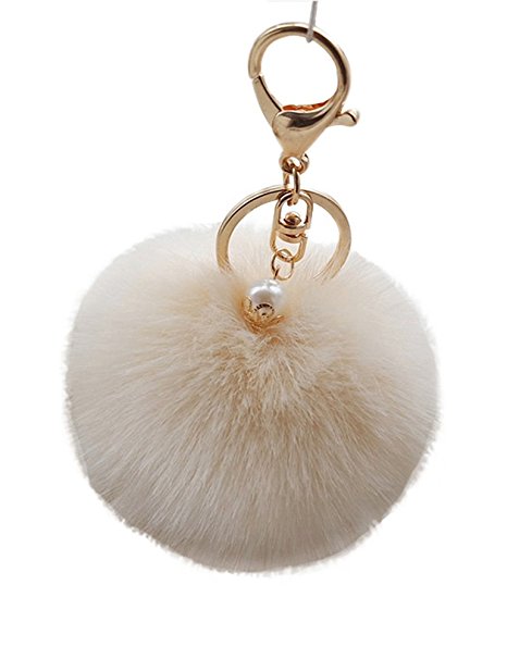 Faux Fur Ball Charm Key Chain with Artificial Pearl for Key Ring or Bag, Ivory
