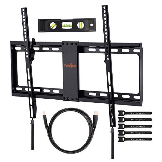 Tilting Low Profile TV Wall Mount Bracket for Most 32-70 inch LED LCD OLED and Plasma Flat Screen TVs with VESA up to 600 x 400 - Includes HDMI Cable, Bubble Level and Velcro Cable Ties by PERLESMITH