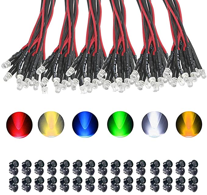KeeYees 60Pcs 3mm Pre Wired LED Diodes Light Ultra Bright -White Warm White Red Blue Green Yellow (10PCS X 6 Colors)   60Pcs 3mm Plastic LED Holder LED Light Mounting Holders
