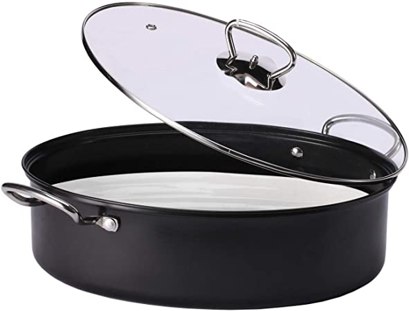 Eglaf Stainless Steel Fish Steamer - 8Qt Multi-Use Oval Cookware with Rack, Ceramic Pan, Chuck - Stockpot for Steaming Fish, Boiling Soup (Black)