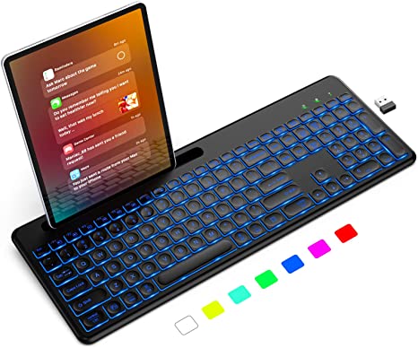 Backlit Wireless Bluetooth Keyboard, Rechargeable Keyboard with Bracket & 7 Adjustable Lights, SABLUTE Multi-Device Full-Size Keyboard with Silent & Ultra Slim for Laptop Computer PC iPad (Black)