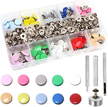 Arokimi Snap Fastener Kit, 10 Color Clothing Snaps Kit for Thin Leather, Jacket, Jeans Wear, Bracelet, Bags with 4 Pieces Fixing Tools