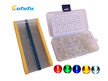 Cofufu 3mm and 5mm LED Light Emitting Diodes (Assorted Clear) 5 Colors, 300 LEDs, Free 300 Resistors