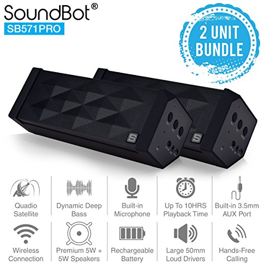 SoundBot SB571PRO Bluetooth QUADIO Satellite Portable Wireless Speaker w/ Multi-Unit Multi-Point Connectivity, Master/Slave Simultaneous Surround Sound, HD 5W 5W Acoustic 50mm Driver - 2PK BUNDLE SET