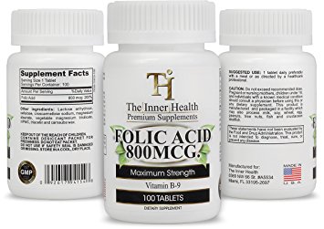 Folic Acid 800mcg - 100 Tablets - Vitamin B9 Made in the USA to Support Health and Wellbeing - Premium Supplement You Can Trust - The Inner Health
