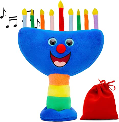 Aviv Judaica Plush Hanukkah Menorah - Musical Menorah Plays 2 Classic Hanukkah Melodies Includes Removable Candles & Candle Bag