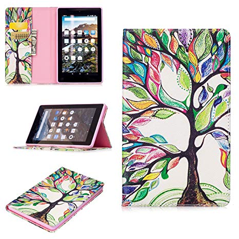 Fire 7 Case - Beauty Pattern-Tikeda Leather Smart Case Cover with Auto Wake/Sleep for Amazon Fire 7 Tablet (Fire 7 2015 and 2017 release, 5th / 7 th generation) (Life Tree))