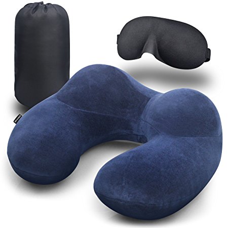 SPAHER Travel Inflatable Airplane Pillow Set Lightweight Foldable Portable Neck Pillow Comfort U Shape Velour Washable Cover Pillow For Neck Support Head Rest with Extra Eye Mask And Carrying Pouch
