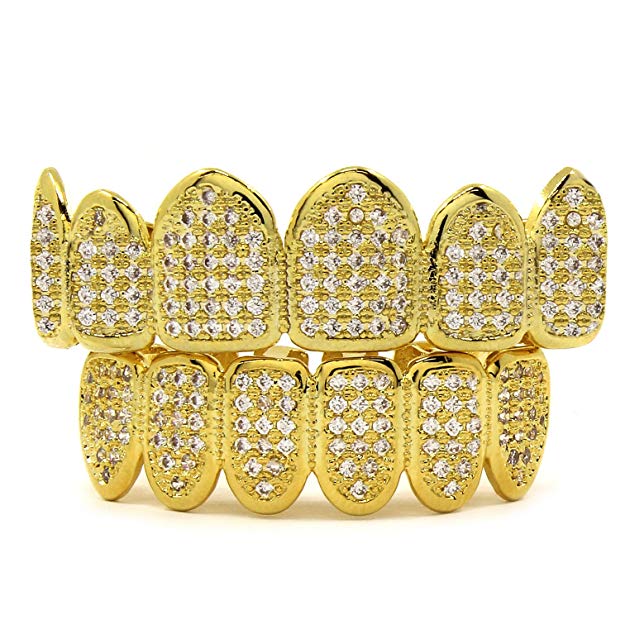 New Custom Fit 14K Gold Plated CZ Cluster Top Bottom GRILLZ Mouth Teeth Grills Set