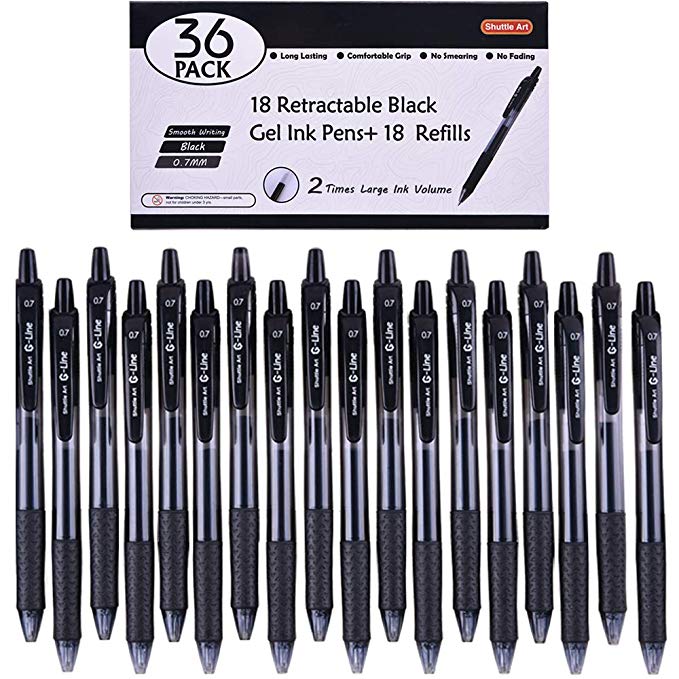 Black Gel Pens, 36 Pack(18 Gel Pens with 18 Refills) Shuttle Art Retractable Medium Point Rollerball Gel Ink Pens Smooth Writing with Comfortable Grip for Office School Home Work