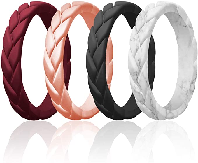 ROQ Silicone Rings for Women 1/2/4/6 Multipack of Thin Womens Silicone Rubber Wedding Rings Bands - Braided Flame Leaves Collection - Can Be Used as Stackable Rings