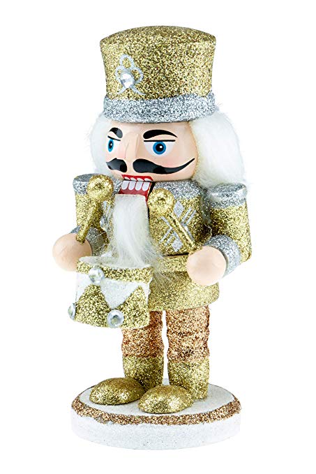 Clever Creations Wooden Chubby Glittery Gold and Silver Drummer Nutcracker | Festive Silver & Gold Drummer Outfit | Traditional Christmas Decor | Stands 6" Tall Perfect for Shelves and Tables