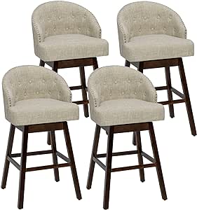 COSTWAY Bar Stools Set of 4, 31’’ Swivel Bar Stools with Rubber Wood Legs & Padded Back, Breathable Linen Fabric, Stylish Tufted Design & Rivet Decoration, Adjustable Foot Pads (4, Beige   Brown)