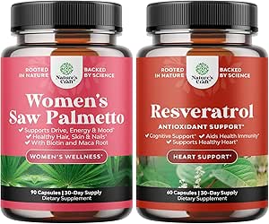 Natures Craft Bundle of Extra Strength Saw Palmetto for Women and Youthful Trans Resveratrol Supplement - DHT Blocker Thickening Hair Vitamins for Hair Loss for Women - Brain Booster Immune Support