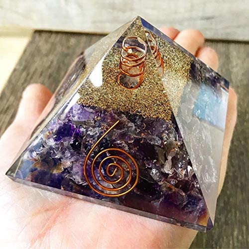 Opulence Metaphysical X-Large LG-75 MM Orgone Amethyst stone Crystal Certified EMF Protection Pyramid With Quartz Energy Point Reiki Charged Energy Generator Crown Chakra Healing Meditation (Amethyst)