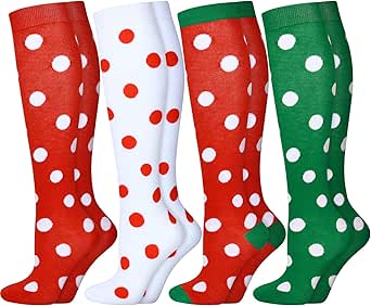 SATINIOR 4 Pairs Knee Long High Socks Christmas Polka Dot Knee Stocking Women Girls for Christmas Accessories Holiday Outfits