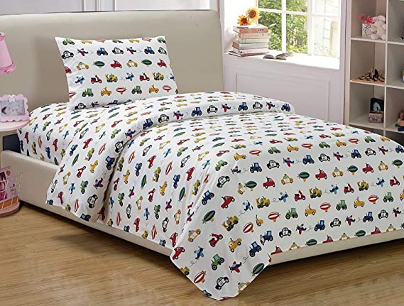 Mk Home 4pc Queen Size Sheet Set Police Cars Construction Trucks Airplane Blue Red Yellow Green Black New