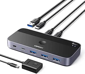 UGREEN Switch USB C 5Gbps avec 4 Ports USB pour 2 PC Commutateur KVM USB 2 Entrées 4 Sorties Plug Play pour Clavier Souris Disque Dur Clé USB Imprimante avec Contrôleur du Bureau et 2 Câbles Inclus