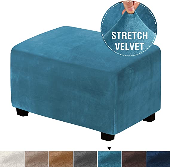 Real Velvet Plush 1 Piece Form Fit Stretch Rectangle Folding Storage Covers Ottoman Slipcovers Removable Footstool Protect Footrest Covers Elastic Bottom, Machine Washable(Large, Peacock Blue)