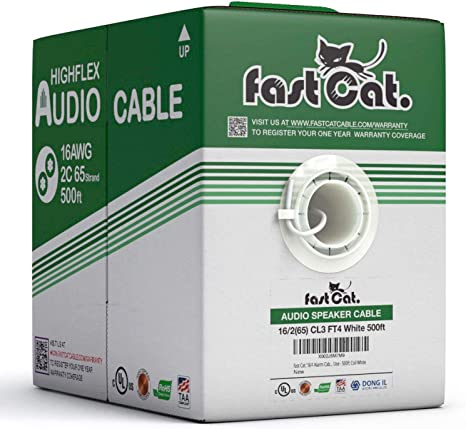 fast Cat. Audio Speaker Cable - PVC Jacket - UL Listed & (CMR-CL3R-FT4) Rated in-Wall Use - 100% Oxygen-Free Pure Bare Copper (OFC) - 500ft Box (16/2 65 Stranded, White)