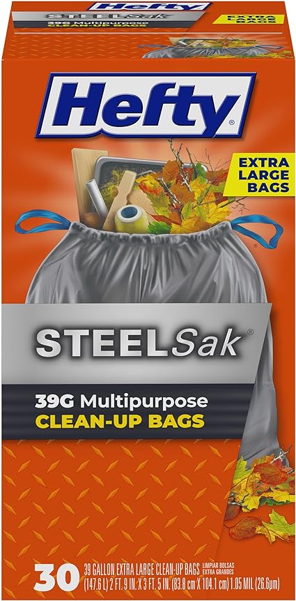 Hefty SteelSak Heavy Duty Large Trash Bags, Gray, Unscented, 39 Gallon, 30 Count