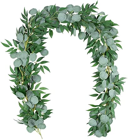KUPOO 2 Packs Faux Silver Dollar Eucalyptus and Willow Vines Twigs Leaves Garland String Wedding Backdrop Arch Wall Decor(2pcs Eucalyptus with Willow Leaves)