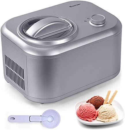 COSTWAY Ice Cream Maker, 1.1-Quart Automatic Electronic Gelato Maker with 3 Operation Modes, Built-In Compressor, Portable Homemade Dessert Maker with Spoon, Ice Cream Machine for Home, Dorm (Silver)