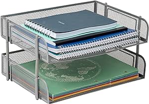 Mind Reader Stackable Paper Tray, 2 Pcs., Desktop Organizer, File Storage, Office, Metal Mesh, 13.5" L x 10" W x 7.25" H, Silver