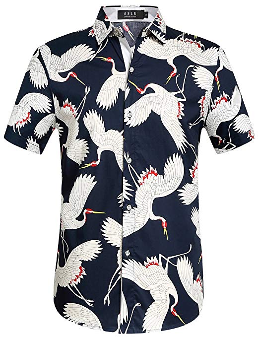 SSLR Men's Cotton Crane Button Down Short Sleeve Casual Hawaiian Shirt