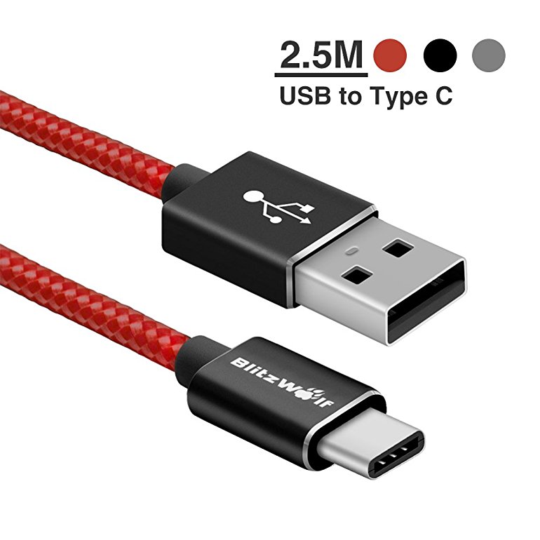 USB C Cable Nylon Braided, BlitzWolf 2.5m 3A USB Type C Cable Fast Charging Charger with Magic Tape Strap for Nexus 5X 6P, OnePlus 2/3T, Nokia N1, Xiaomi 4C, Zuk Z1, Lumia 950, New MacBook Pro, Google ChromeBook Pixel(2.5M Red)