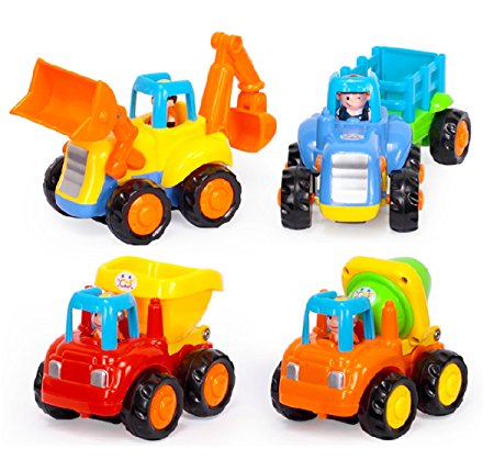 D-Mcark Early Educational Toddler Baby Toy Push and Go Friction Powered Car Toys Sets of 4 Tractor Bulldozer Mixer Truck and Dumper for Children Kids Boys and Girls 1 Year Old to 3 Year Old