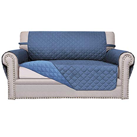 Sofa Covers,Slipcovers,Reversible Quilted Furniture Protector,Water Resistant,Improved Couch Shield with Elastic Straps,Anti-Slip Foams,Micro FabricKids,Children,Pets (Loveseat, Dark Blue/Light Blue）