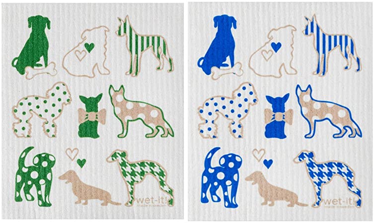 Wet-It! Swedish Dishcloth Set of 2-2 Different Dog Designs Blue and Green- New