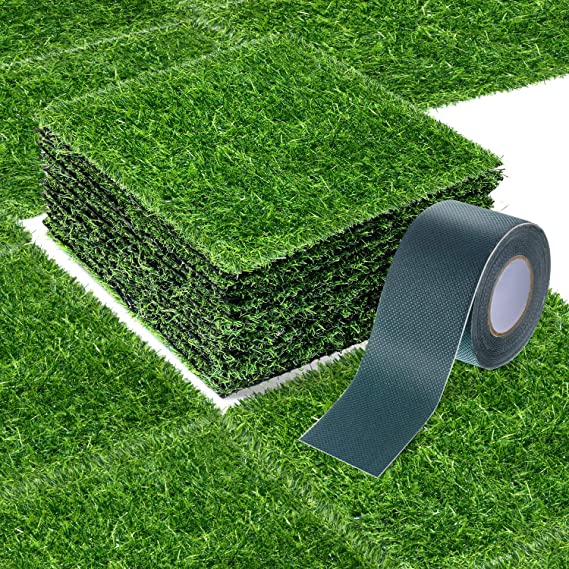 12 x 12 Inch Fake Grass Artificial Grass Mat Fairy Grass Synthetic Garden Artificial Turf Rug for Dogs with Tape for Indoor and Outdoor Use (12 Pieces)