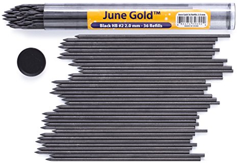 June Gold 36 Lead Refills, 2.0 mm HB #2, Extra Bold Thickness, Break Resistant Lead with Convenient Dispenser