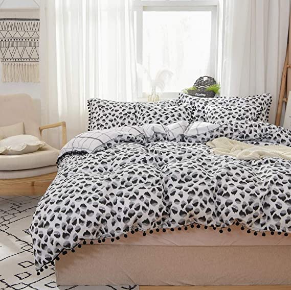 Softta Ruffle Bedding King Pompom Duvet Cover 3 Pcs Leopard Bedding Pompom Luxury and Elegant Animal Print Dots Quilt Cover Black and White 100% Pure Cotton with Zipper Ties