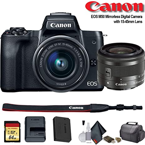 Canon EOS M50 Mirrorless Vlogging Digital Camera with 15-45mm Lens   Camera Bag   64GB Memory Card   Cleaing Set   More (International Model) (2680C011) - Starter Bundle