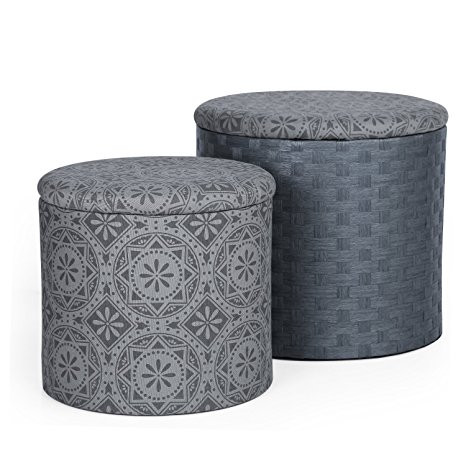 Adeco Fabric Round Storage Ottoman, Dark Grey Print, Two Pieces