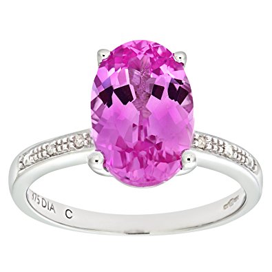 Naava Women's 9 ct White Gold Single Stone Pink Sapphire with Diamond Collette and Shoulder Ring