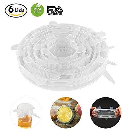 Silicone Stretch Lids SiFree Reusable Durable Expandable BPA Free FDA Approved Food Huggers Bowl Covers for Platters, Dishes, Dishwasher, Jars, Oven, Microwave, Freezer Safe, 6 Pack of Various Sizes