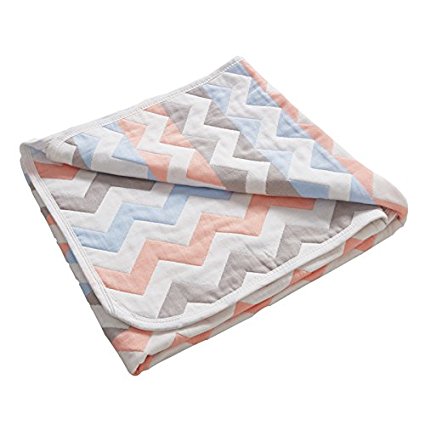 6 Layers of 100% Organic Muslin Cotton Toddler Blanket with Multi Color Chevron Printed Design, 43"x 43", Blue, Coffee and Coral by NTBAY