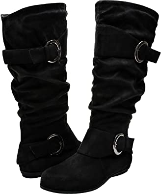 Aukusor Women's Wide Width Mid Calf Boots - Buckle Detail Elastic Zipper Slip on Winter Boots