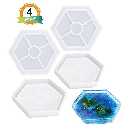 LET'S RESIN Silicone Coaster Molds Set 4pcs Hexagon Molds, Epoxy Resin Molds for Making Coasters, Bow Mat, Jewelry Holder