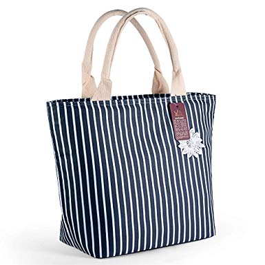 VARANO Lunch Bag – Insulated Lunch Bag for Women – Fashionable Leak-Proof Lunch Bag Box Reusable Lunch Tote Organizer Bag for Adults – Eco-Friendly Fabric (EVA-Dark Blue/White Stripe)