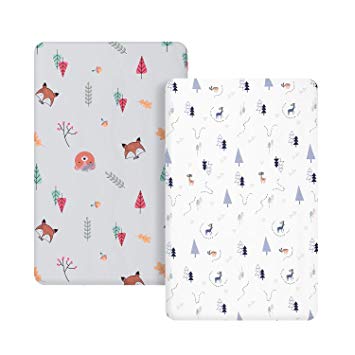 TILLYOU Microfiber Woodland Pack N Play Sheets, Mini Portable Crib Sheets Set Fitted for Boys Girls, Silky Soft Breathable Hypoallergenic Printed Playard Playpen Sheets, Gray & White Woodland