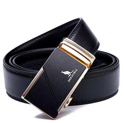 SAN VITALE Men's Solid Buckle with Automatic Ratchet Leather Belt 35mm Wide 1 3/8"